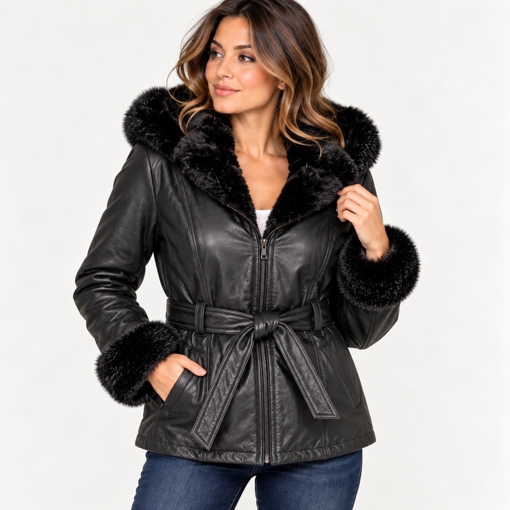Wilsons Genuine Leather Jacket Womens Large Black Fur Trim Hooded Chic Mob Wife